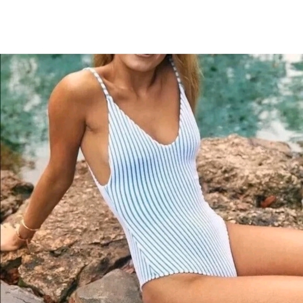 Aerie Terry Textured Cheeky One-Piece Swimsuit White/Brown Sexy Coastal Sz XL